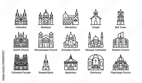 Icon set of religious buildings: cathedrals, chapels, mosques, and churches