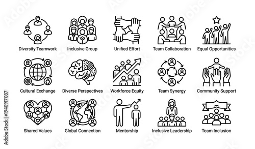 Diversity and inclusion icons: teamwork, equity, leadership, cultural exchange, mentorship