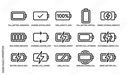 Battery icons set: power levels, charging status, energy indicators, sustainability, optimization