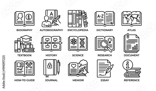 Icon set: education and research symbols including books and journals