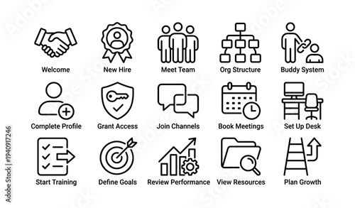Corporate onboarding icons: team integration and employee resources