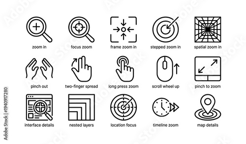 Zoom and interaction icons: interface navigation tools for digital design