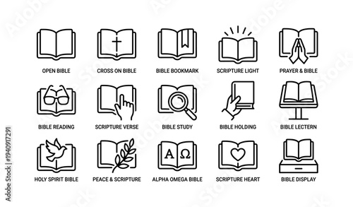 Icon set depicting various bible themes: open bible, cross, study, and prayer