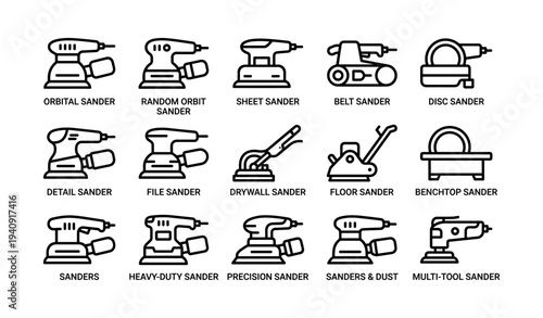 Various types of electric sanders for woodworking and finishing