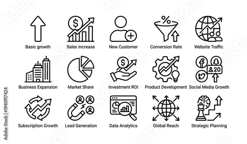 Business growth icons illustrating financial success metrics and strategic planning