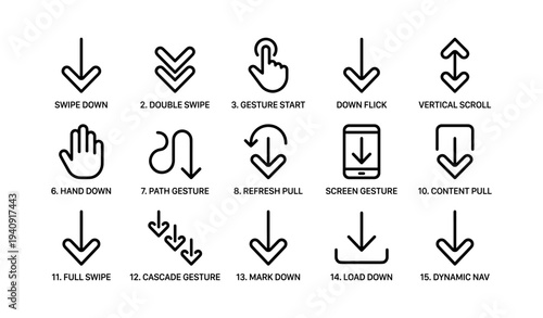 Minimalist gesture icons set: swipe, gesture start, path, screen, navigation