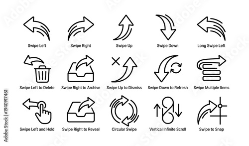 Gesture icons: various swipe directions and actions for user interfaces