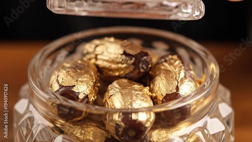 Close-up of gold foil wrapped chocolate truffles in a glass jar on a wooden table