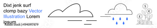 Weather, climate change, financial growth, investment, agriculture, sustainability. Minimalist illustration with clouds, rain and dollar-marked plants. Climate change and financial growth concept