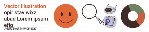 Artificial intelligence, data analysis, research, technology, automation, business analytics. Orange happy face, magnifying glass AI robot and segmented pie chart. Artificial intelligence and data