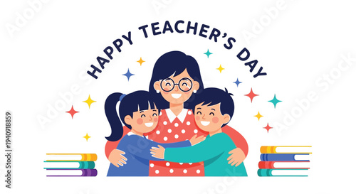 Happy teacher's day vector graphic illustration showing a loving embrace between a female educator and students