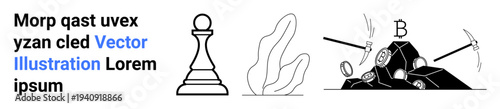 Strategy, gaming, cryptocurrency, data mining, abstract design, digital concepts. A chess pawn, abstract lines and cryptocurrency mining tools. Strategy and cryptocurrency with clean graphics