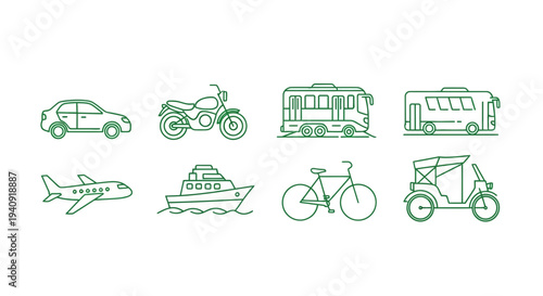 Green line icons of various vehicles arranged in two rows against a white background