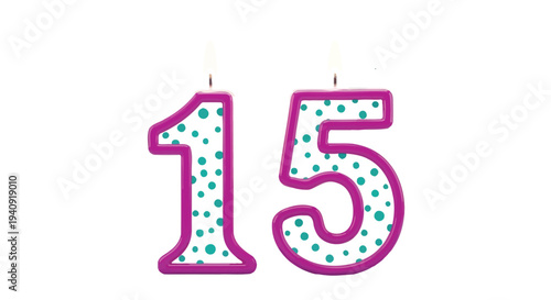 Lit celebratory number fifteen birthday candle illustration design standing against a simple background