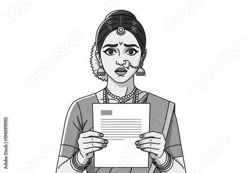 Woman in traditional indian attire holding a letter or document isolated on transparent background with a serious expression