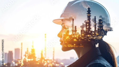 Industrial worker profile in hard hat with oil refinery double exposure at sunset