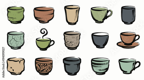 A collection of diverse ceramic cups and mugs, showcasing various textures, colors, and designs, including teacups and coffee cups.