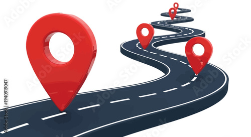 Winding dark road path marked with several large red three dimensional map location pin markers