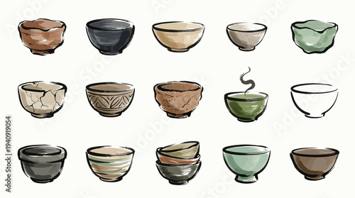A Collection of Various Ceramic and Earthenware Bowls, Each with Unique Textures and Designs.