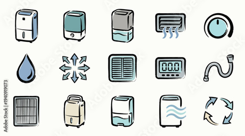 Collection of hand-drawn icons representing various dehumidifier models, water droplets, air flow, and related components, suitable for design and illustration.