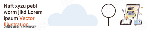 Cloud computing, data analysis, technology, research, automation, artificial intelligence. A cloud, magnifying glass and robot analyzing files. Cloud computing and data analysis concept