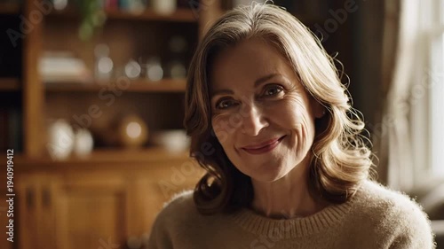 Mature woman smiling warmly in cozy home interior, natural light, bookshelf background