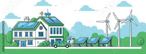 Modern eco friendly home with solar panels and wind turbines