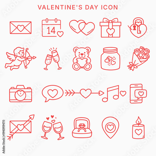 Happy Valentine's Day Love Outline Icons Romantic Symbol Vector Set. Romantic Valentine's Day Line Icons Collection Love Symbol Set. 