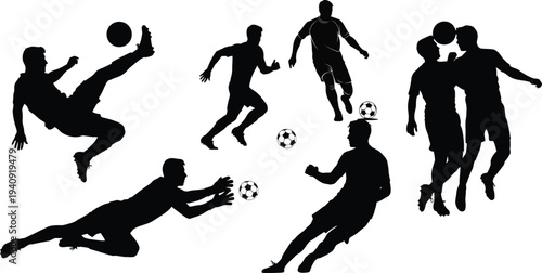 Soccer player silhouette collection featuring athletes playing football in various poses