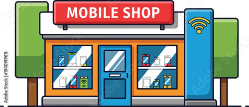 Cartoonish mobile phone shop storefront 