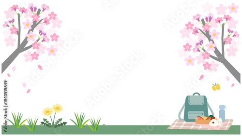 桜とたんぽぽのお花見背景・春のピクニック風イラスト素材