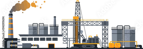 Industrial factory with drilling equipment and smokestacks