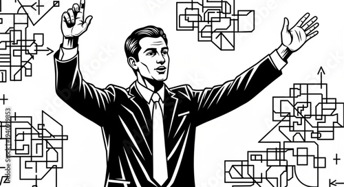 Man in suit conducting abstract geometric shapes and equations.