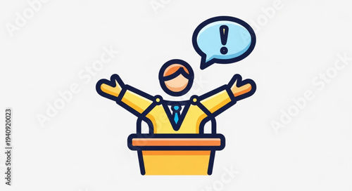 Man speaking at a podium with an exclamation mark in a speech bubble.