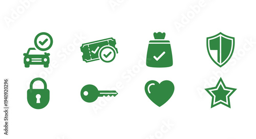 Eight green icons arranged in two rows of four against a white background