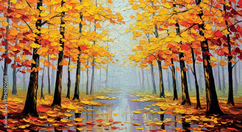 Autumn Forest Path with Golden Leaves Illustration