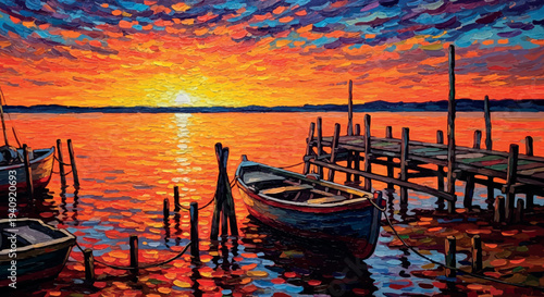 Colorful Sunset Over Lake with Boats and Wooden Pier