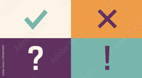 Abstract illustration of check mark cross question mark exclamation point symbols
