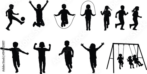 Children silhouettes collection featuring kids playing running jumping rope and playground activities, happy childhood lifestyle illustration isolated on white background