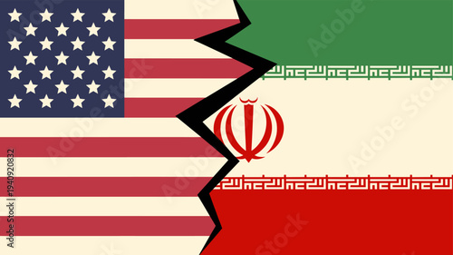 Symbolic illustration depicting a crack dividing the American and Iranian flags, representing the relationship between them.