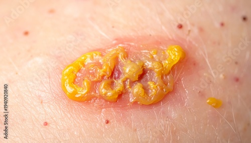 Close-up of a skin lesion, possibly a blister or infection, with a yellowish, fluid-filled appearance on human skin, showing signs of irritation and redness around the affected area.