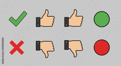 Approval symbols set thumbs up and down green check mark red cross isolated