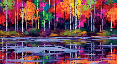 Vibrant Colorful Forest Reflection Landscape Illustration
