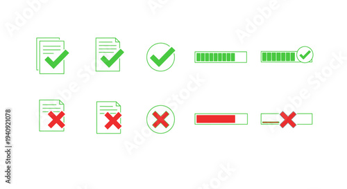 Document and progress icons green check marks and red crosses