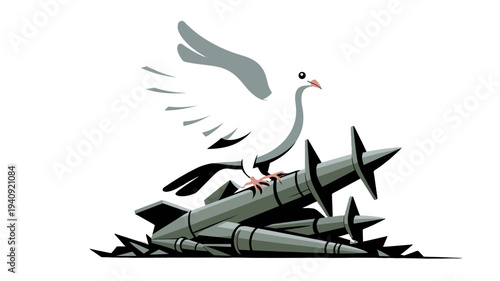 Symbolic illustration of a dove perched atop a pile of missiles, representing peace.