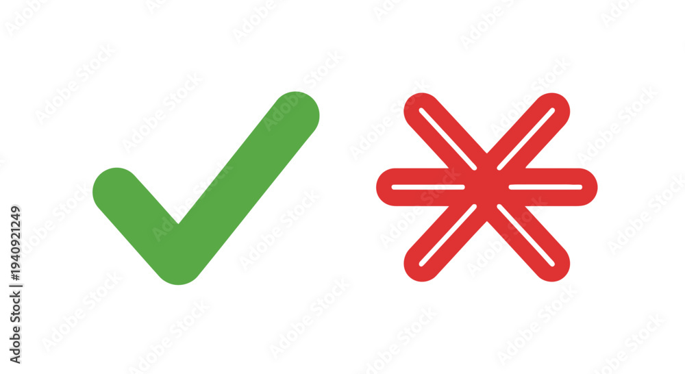 Obraz premium Green check mark and red asterisk icons on white background