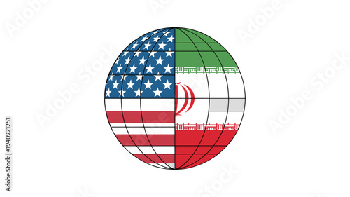 A globe design featuring the flags of America and Iran, highlighting international relations and global diplomacy.