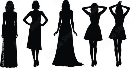 Collection of stylish female silhouettes in elegant dresses, fashionable women model poses showcasing beauty, glamour and modern fashion illustration isolated on white background
