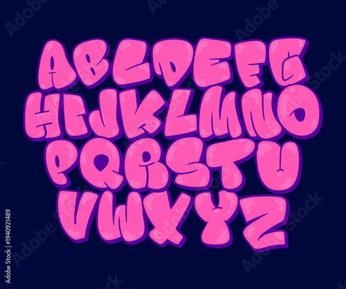 Brighten up your designs with these fun, vibrant pink alphabet letters on a dark blue background, perfect for creative projects and educational materials