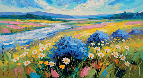 Colorful Spring Meadow with River and Wildflowers Painting